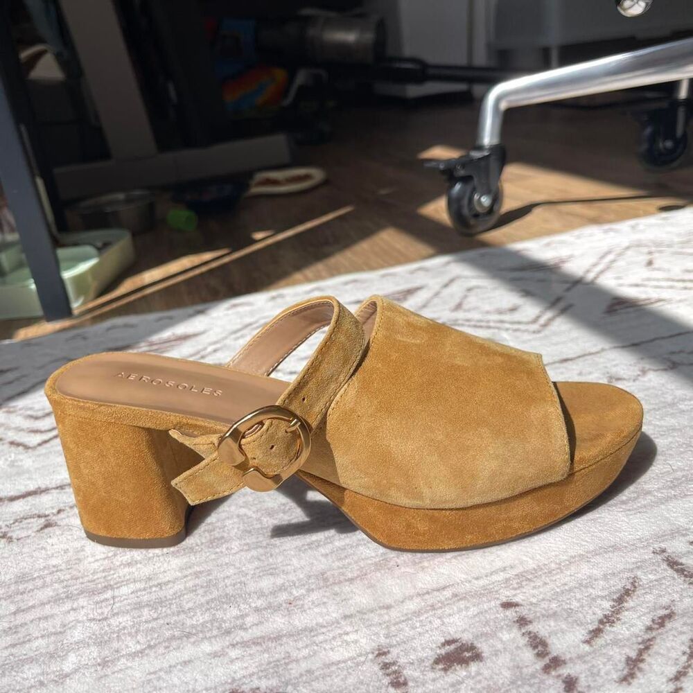 Suede Platform Slide Heels with Buckle Strap - Tan